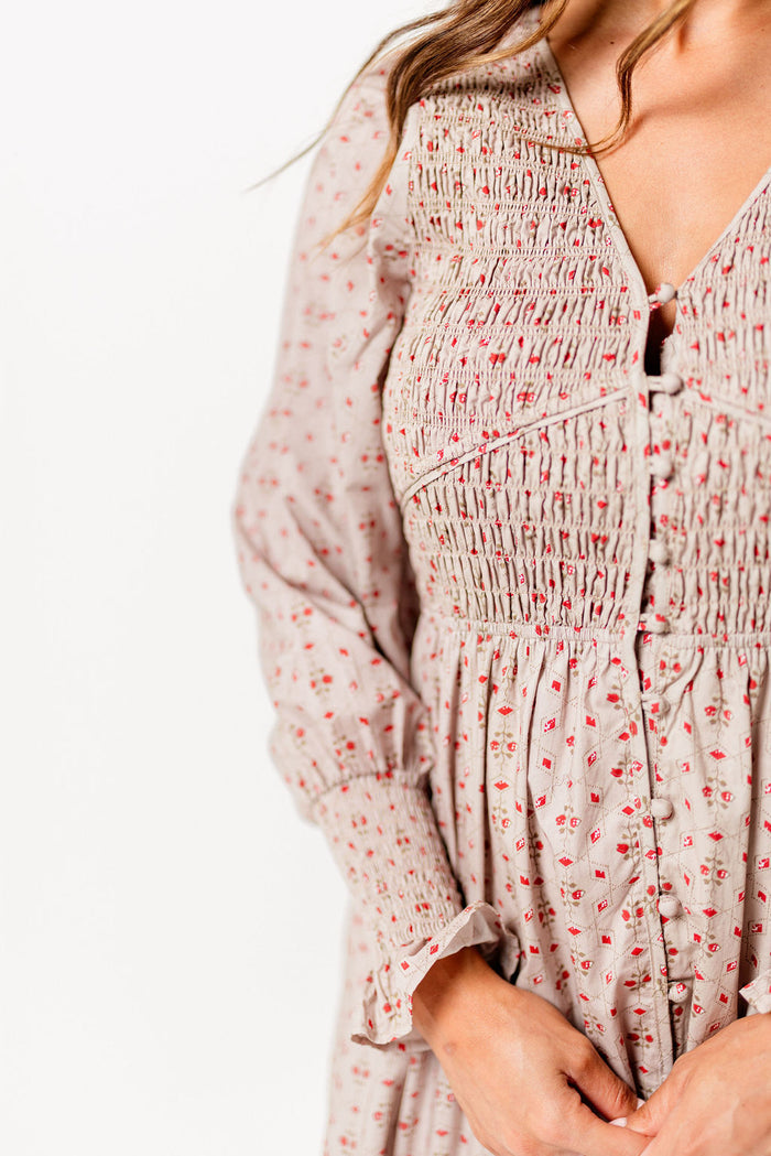 Mercy Cotton Smocked Floral Button Down Maxi Dress in Sepia