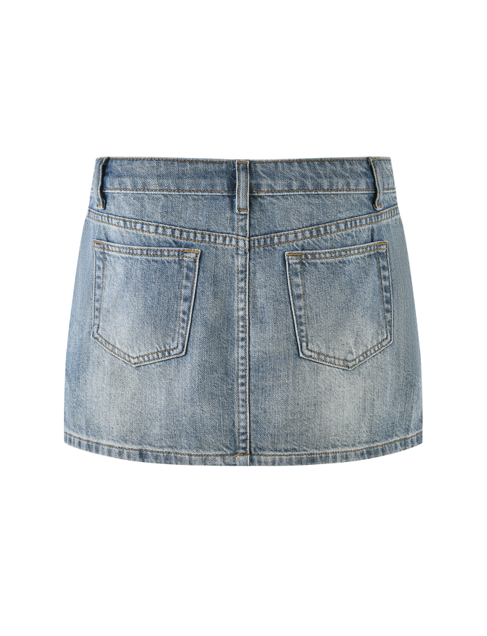 The TIGERMIST MICHAYLA MINI SKIRT - MID WASH features a back view with classic five-pocket styling, belt loops, two back pockets, and faded light blue denim details.