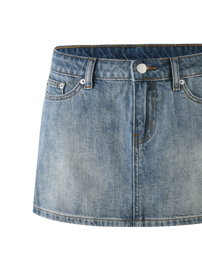 The MICHAYLA MINI SKIRT - MID WASH by TIGERMIST is a blue denim mini skirt with belt loops, front and classic five-pocket styling, button closure, and faded detailing.