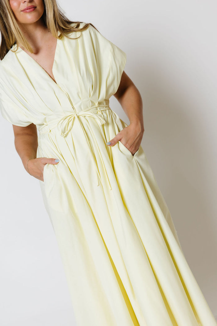 Michele Poplin Short Sleeve Pleated Detail Belted Maxi Dress in Butter