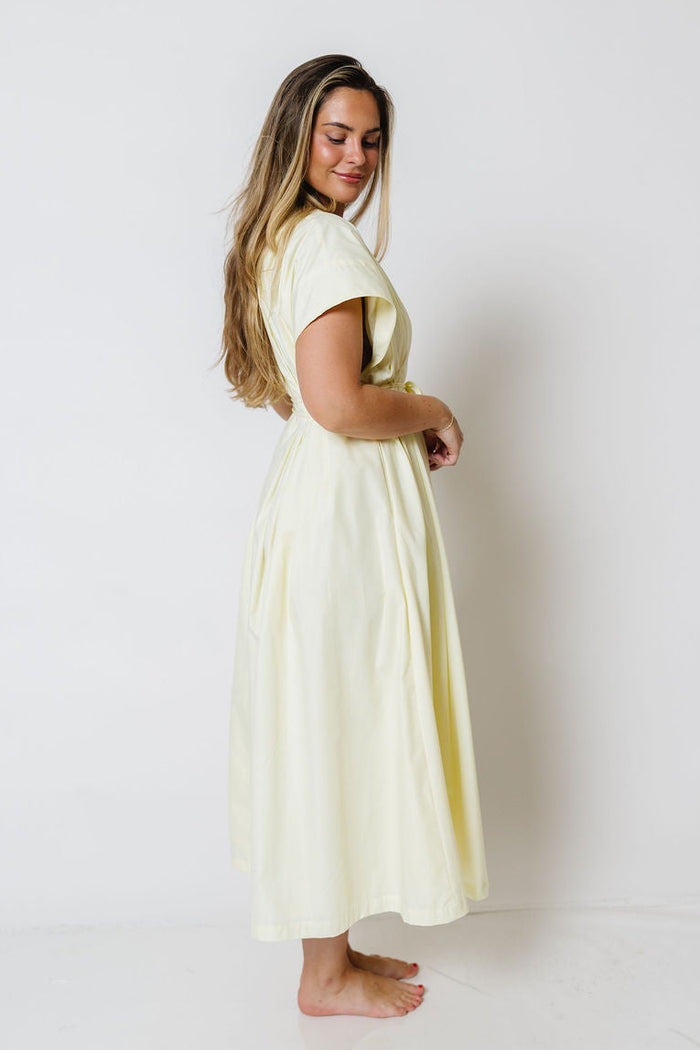 Michele Poplin Short Sleeve Pleated Detail Belted Maxi Dress in Butter