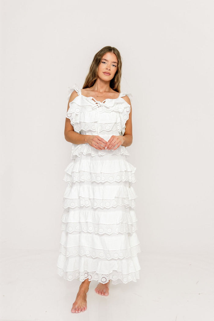 Mikayla 100% Cotton Lace and Gauze Contrast Tiered Maxi Dress in Off White