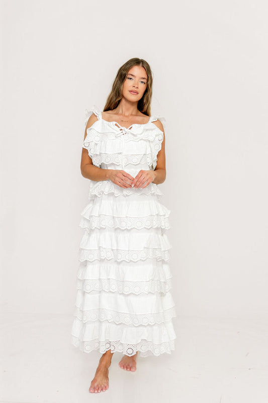 Mikayla 100% Cotton Lace and Gauze Contrast Tiered Maxi Dress in Off White