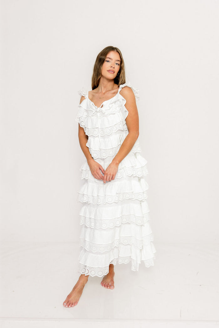 Mikayla 100% Cotton Lace and Gauze Contrast Tiered Maxi Dress in Off White