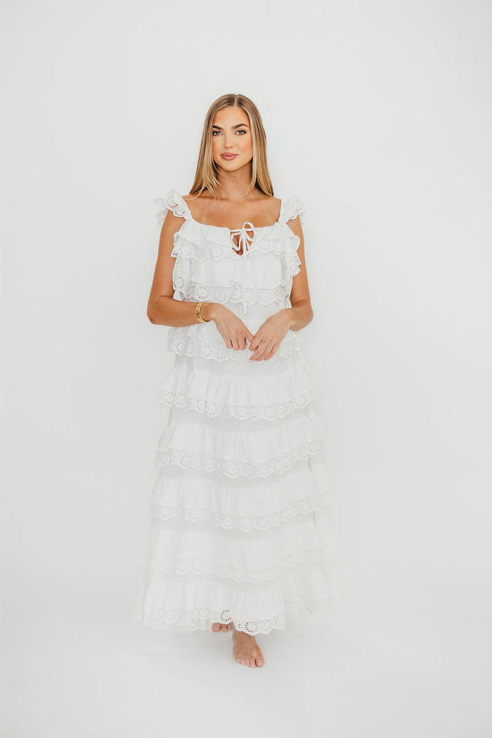 Mikayla 100% Cotton Lace and Gauze Contrast Tiered Maxi Dress in Off White