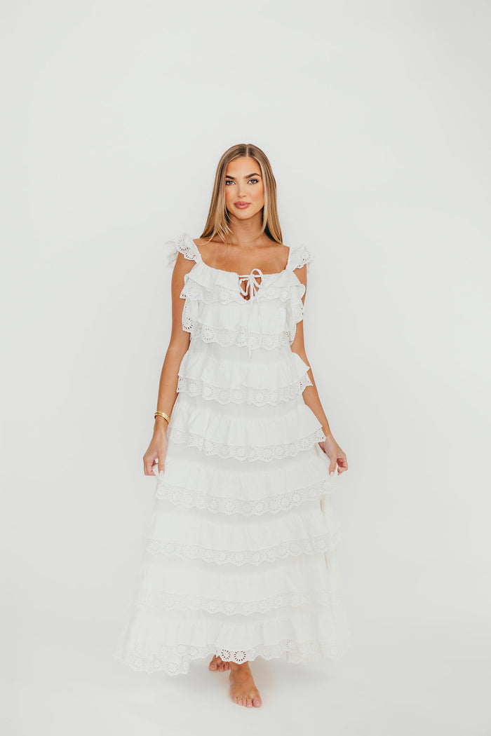 Mikayla 100% Cotton Lace and Gauze Contrast Tiered Maxi Dress in Off White