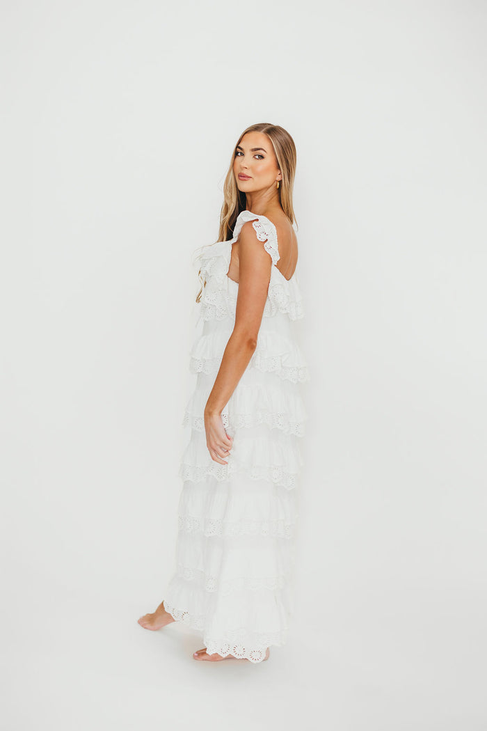 Mikayla 100% Cotton Lace and Gauze Contrast Tiered Maxi Dress in Off White