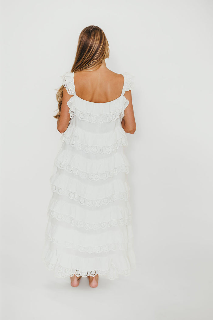 Mikayla 100% Cotton Lace and Gauze Contrast Tiered Maxi Dress in Off White