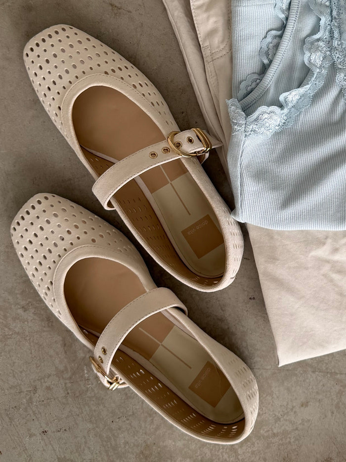 Mikel Ballet Flats in Creme Perforated Suede