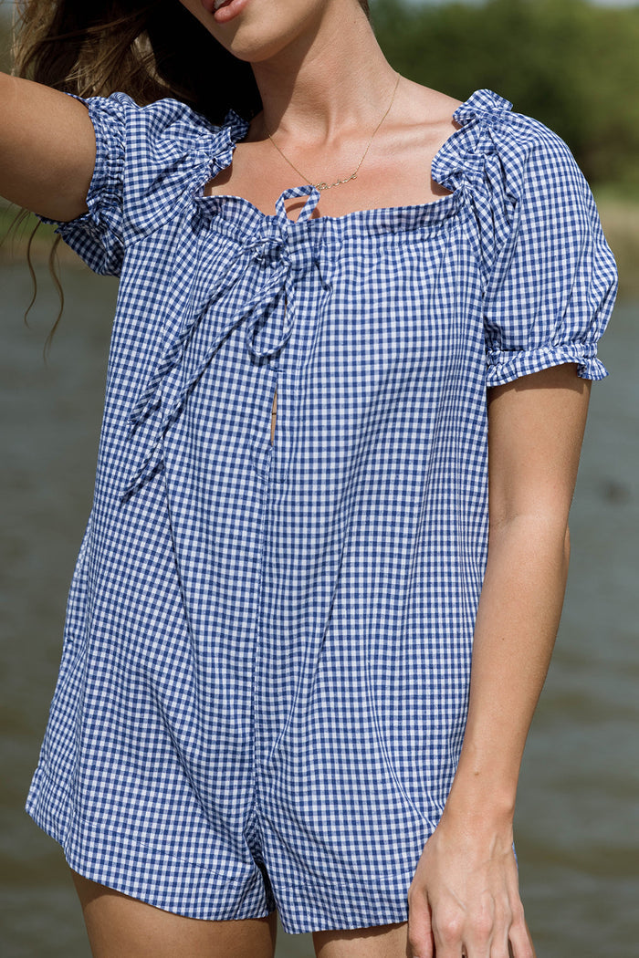 Miley Gingham Romper in Blue/White