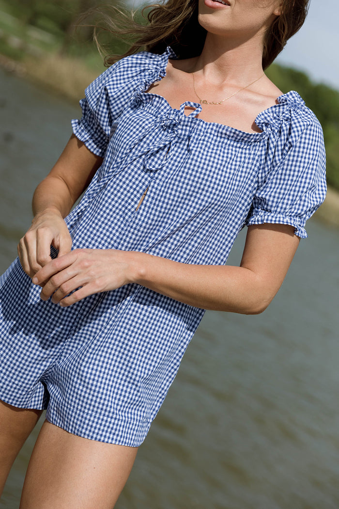 Miley Gingham Romper in Blue/White