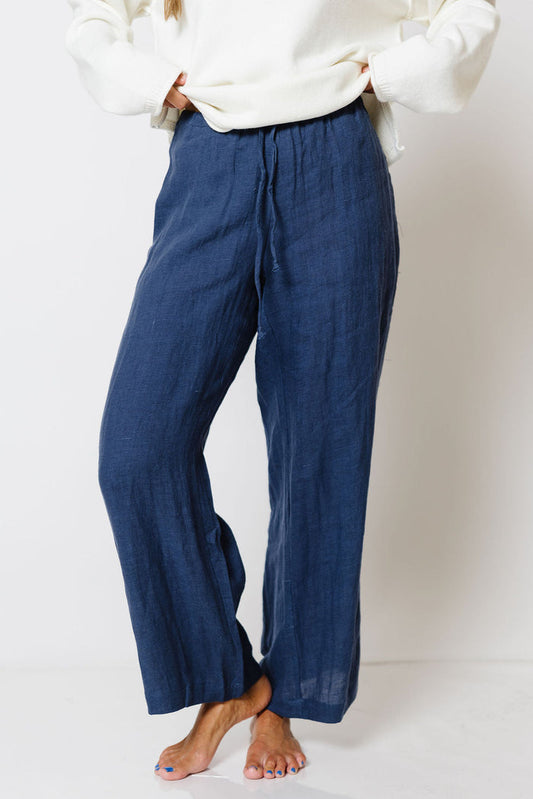 Millie 100% Linen Wide-Leg Drawstring Pants in Dusty Blue