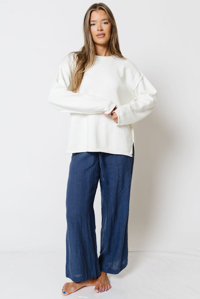 Millie 100% Linen Wide-Leg Drawstring Pants in Dusty Blue