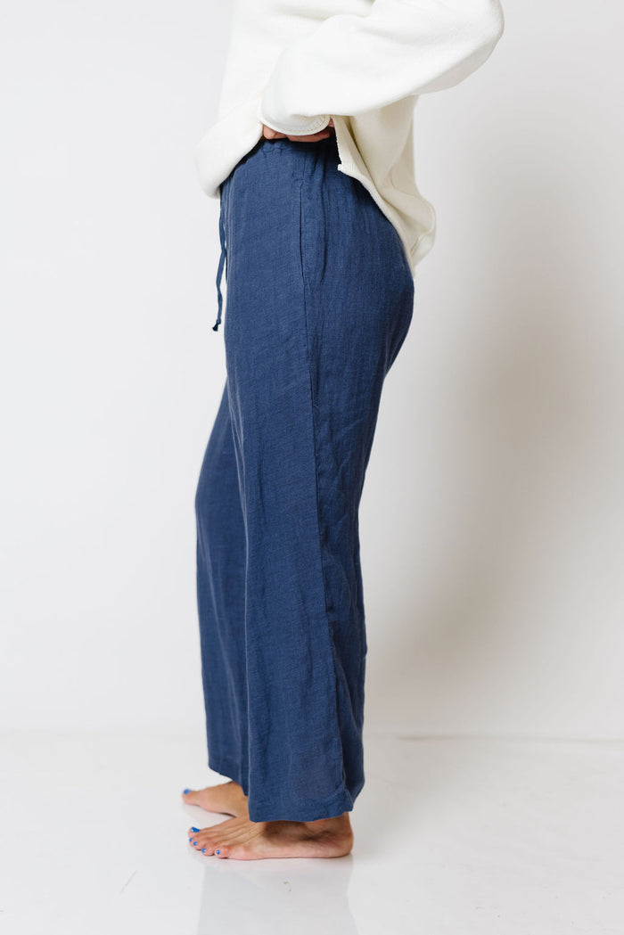 Millie 100% Linen Wide-Leg Drawstring Pants in Dusty Blue