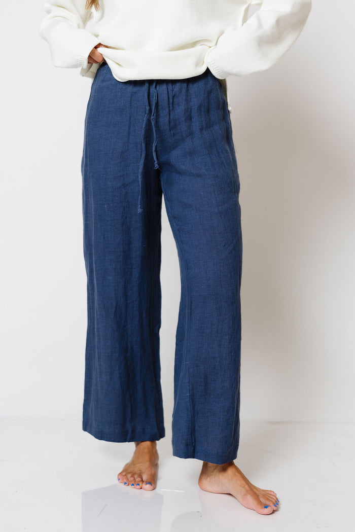 Millie 100% Linen Wide-Leg Drawstring Pants in Dusty Blue