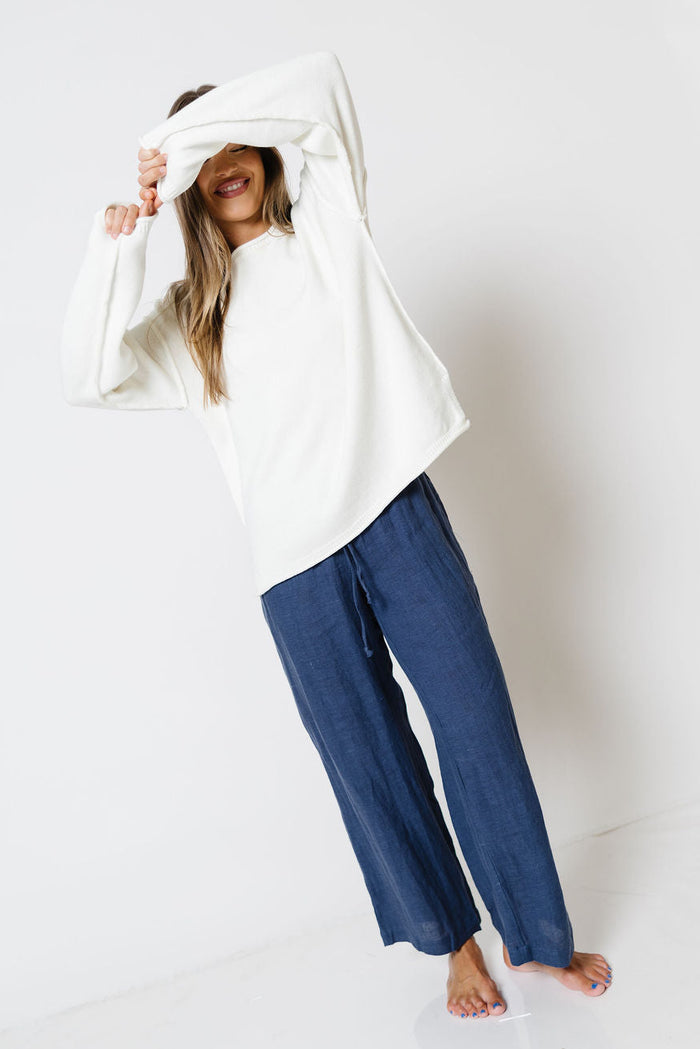 Millie 100% Linen Wide-Leg Drawstring Pants in Dusty Blue