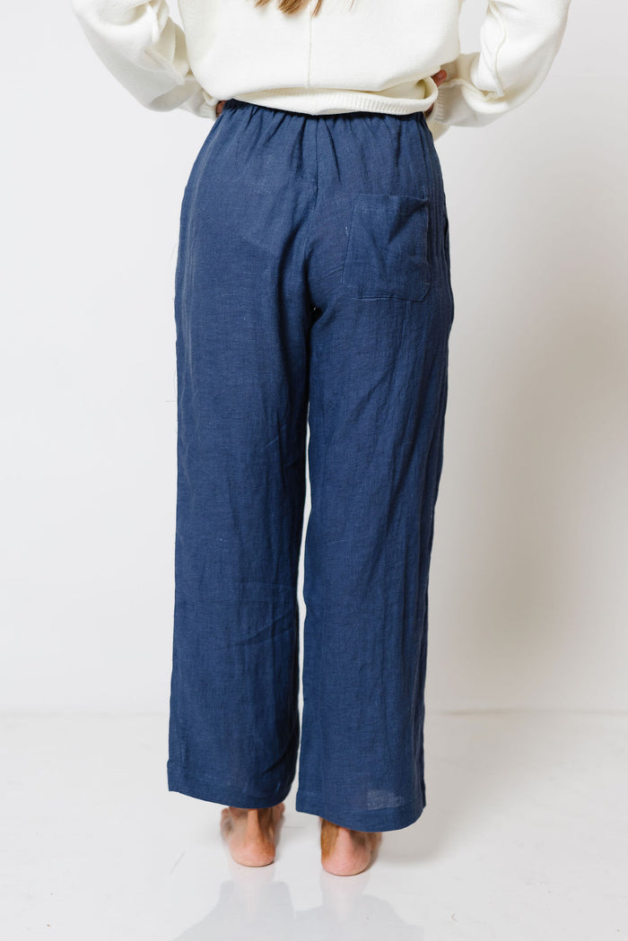 Millie 100% Linen Wide-Leg Drawstring Pants in Dusty Blue