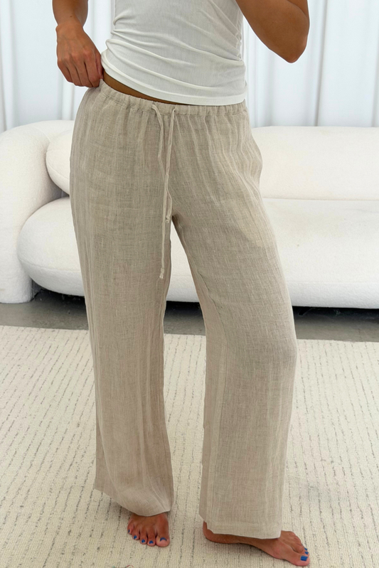 Millie 100% Linen Wide-Leg Drawstring Pants in Melange
