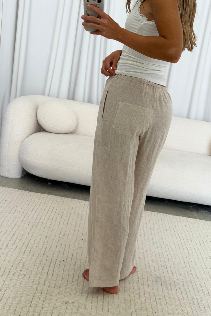 Millie 100% Linen Wide-Leg Drawstring Pants in Melange