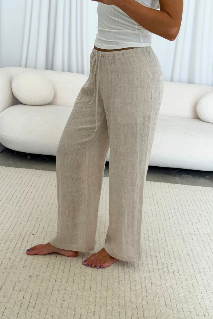 Millie 100% Linen Wide-Leg Drawstring Pants in Melange
