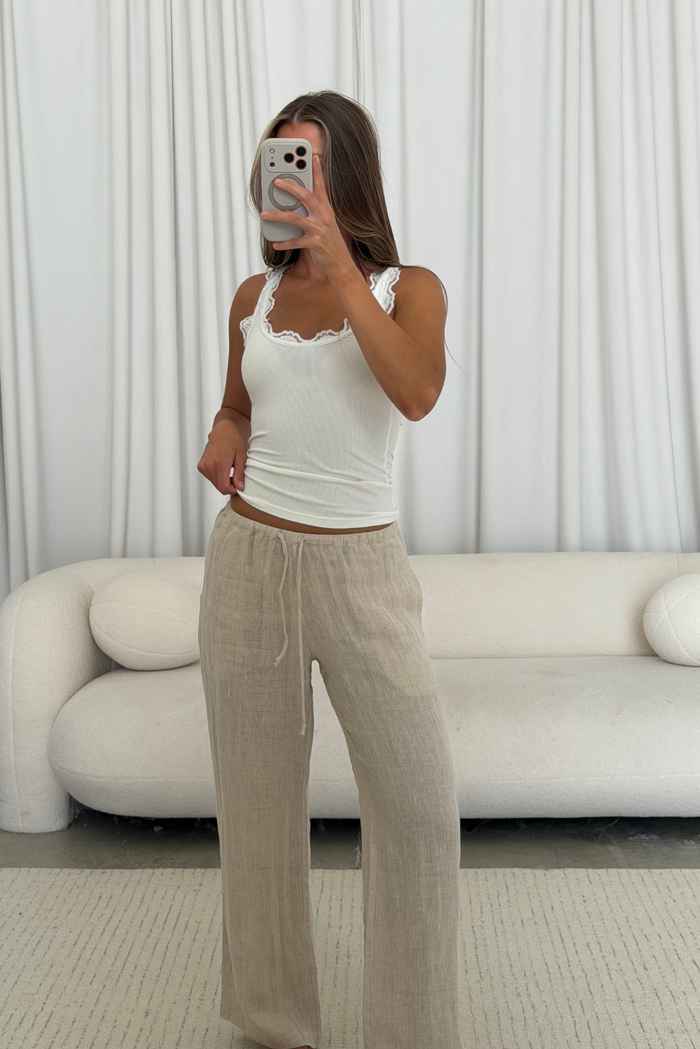Millie 100% Linen Wide-Leg Drawstring Pants in Melange