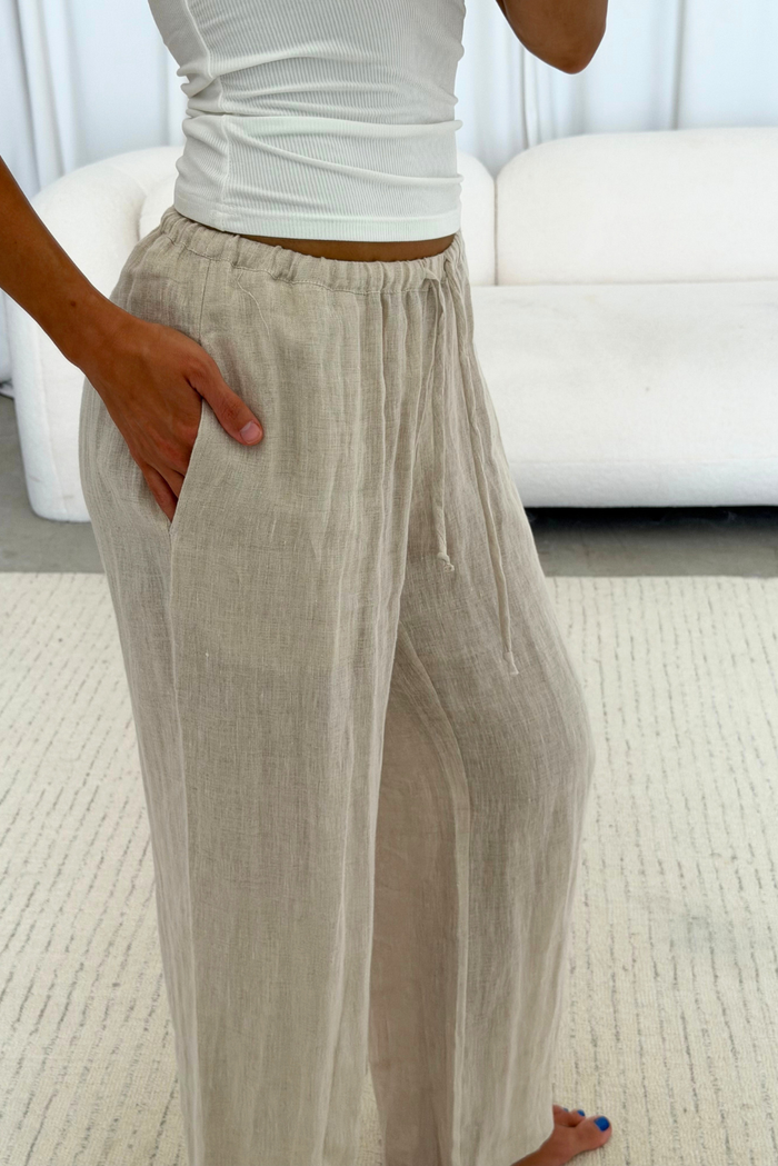 Millie 100% Linen Wide-Leg Drawstring Pants in Melange