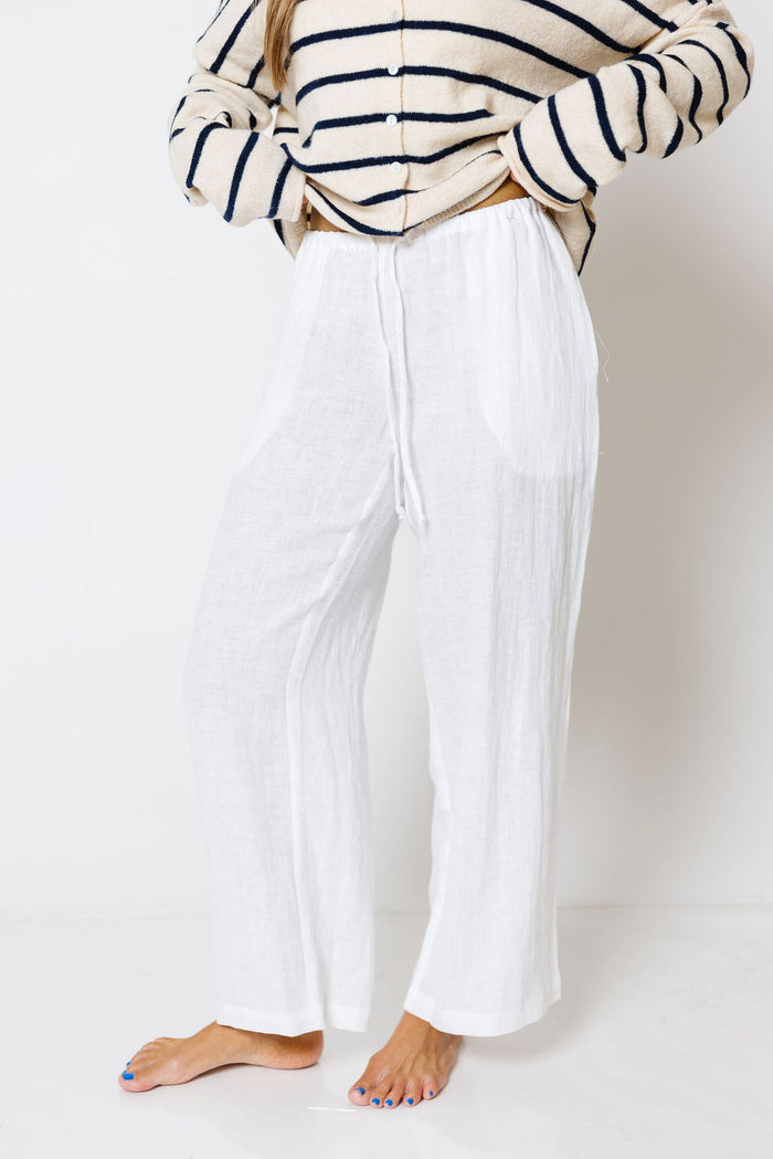 Millie 100% Linen Wide-Leg Drawstring Pants in White