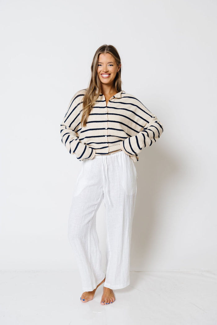 Millie 100% Linen Wide-Leg Drawstring Pants in White