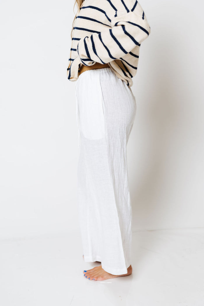 Millie 100% Linen Wide-Leg Drawstring Pants in White