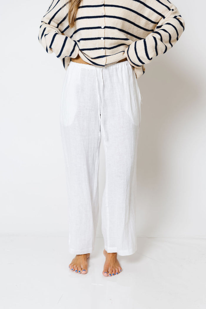 Millie 100% Linen Wide-Leg Drawstring Pants in White