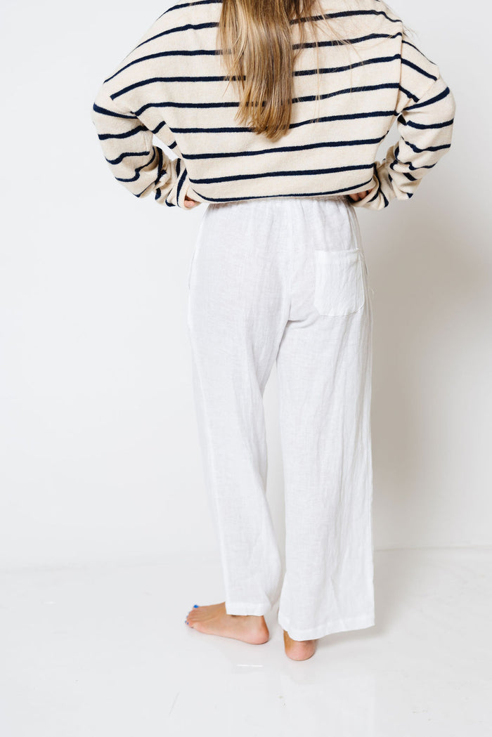 Millie 100% Linen Wide-Leg Drawstring Pants in White
