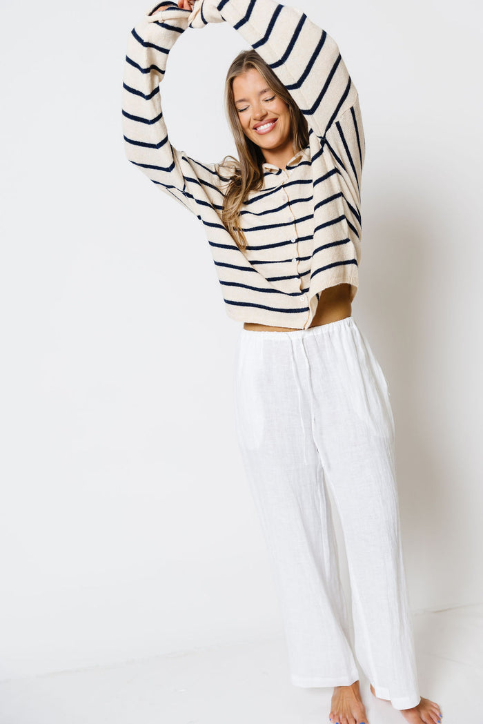 Millie 100% Linen Wide-Leg Drawstring Pants in White