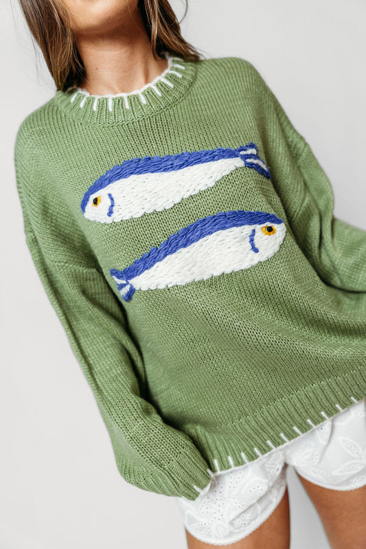 Milo Fish Embroidered Knit Sweater in Basil