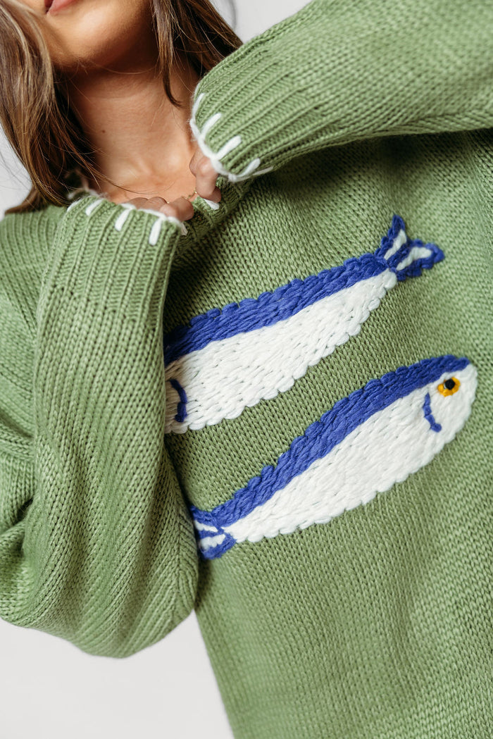 Milo Fish Embroidered Knit Sweater in Basil