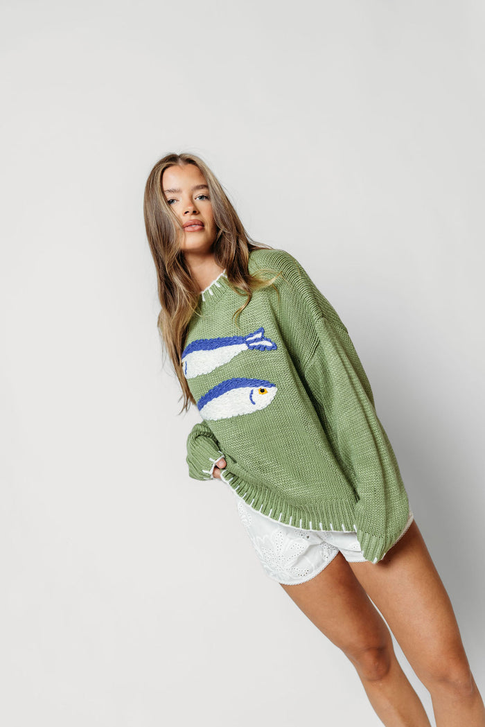Milo Fish Embroidered Knit Sweater in Basil