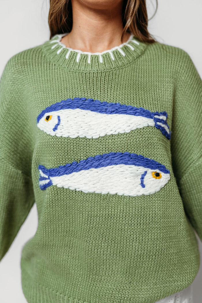 Milo Fish Embroidered Knit Sweater in Basil