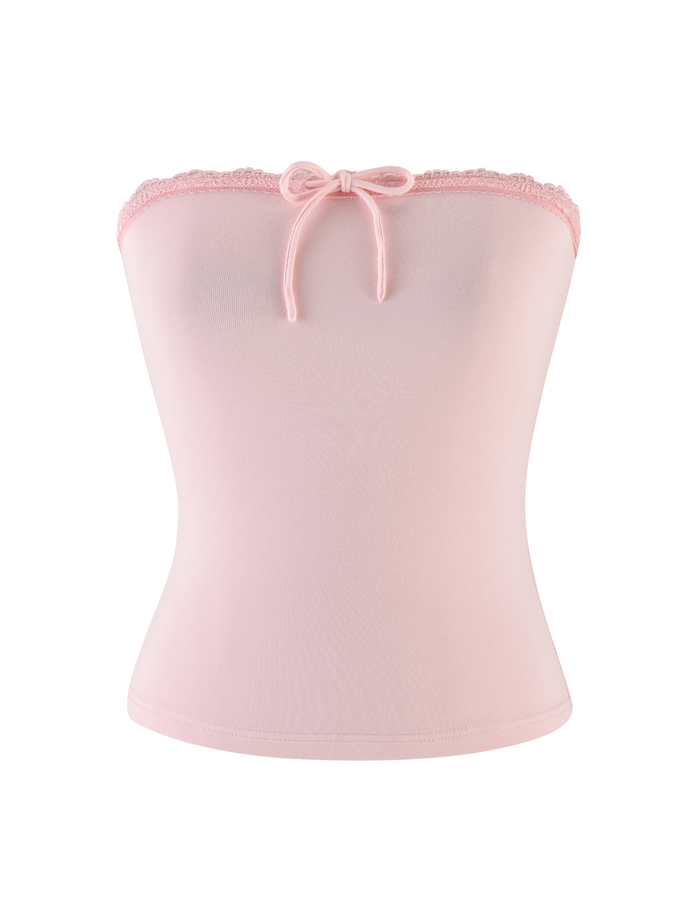 The TIGERMIST MIRELLE TOP in pastel pink is a strapless tube top featuring lace trim along the top edge and a small center bow, shown against a white background.