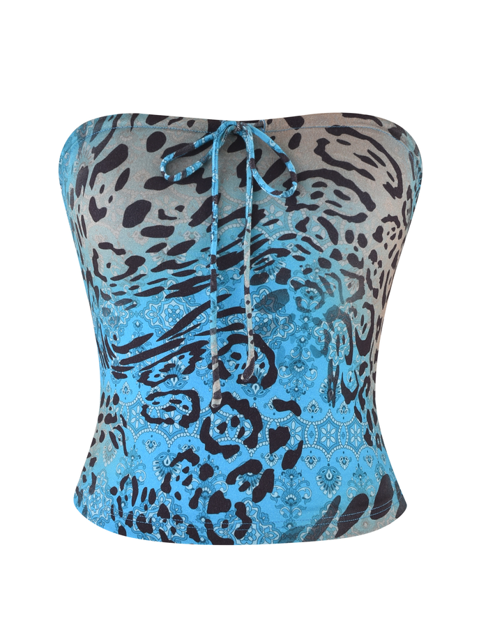 The TIGERMIST MIRELY TOP - MULTI : LEOPARD : LEOPARD SWIRL is a strapless bandeau in an exclusive blue leopard print, crafted from buttery jersey with a center front tie detail.