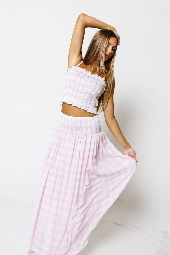 Missy Gingham Smocked Top and Maxi Skirt Set in Baby Pink/White