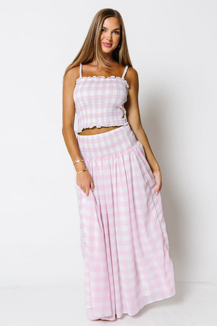 Missy Gingham Smocked Top and Maxi Skirt Set in Baby Pink/White