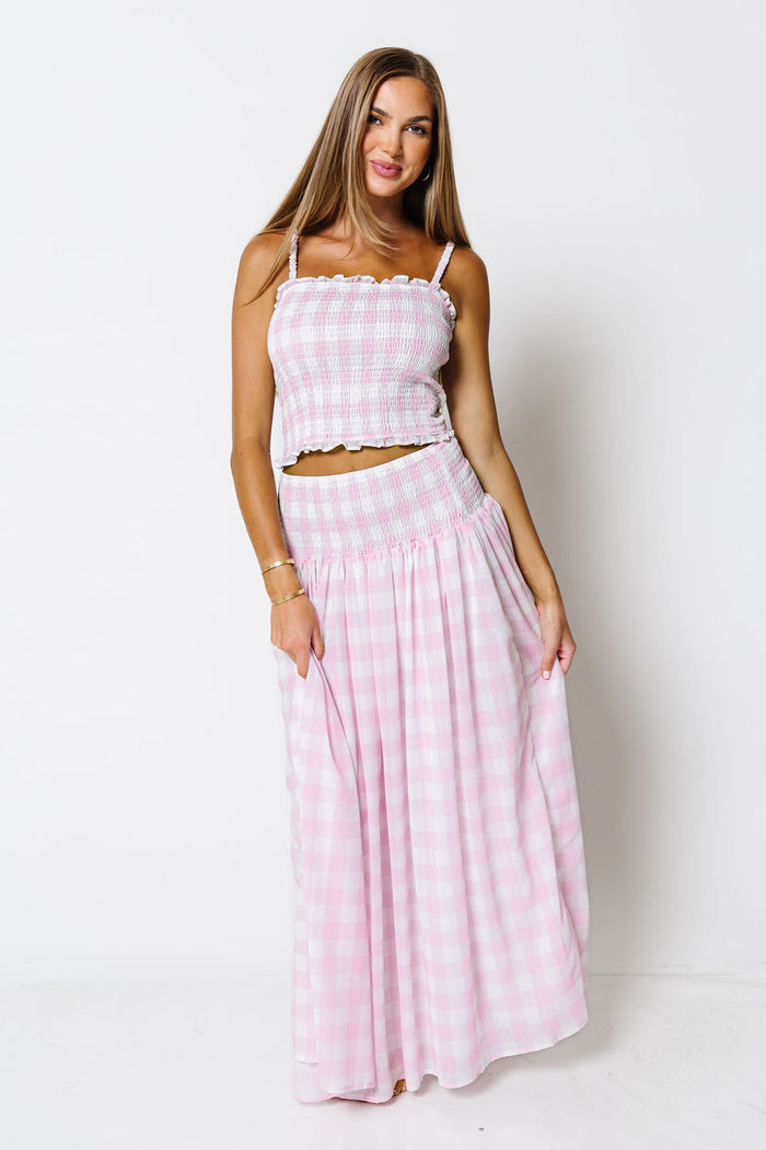 Missy Gingham Smocked Top and Maxi Skirt Set in Baby Pink/White