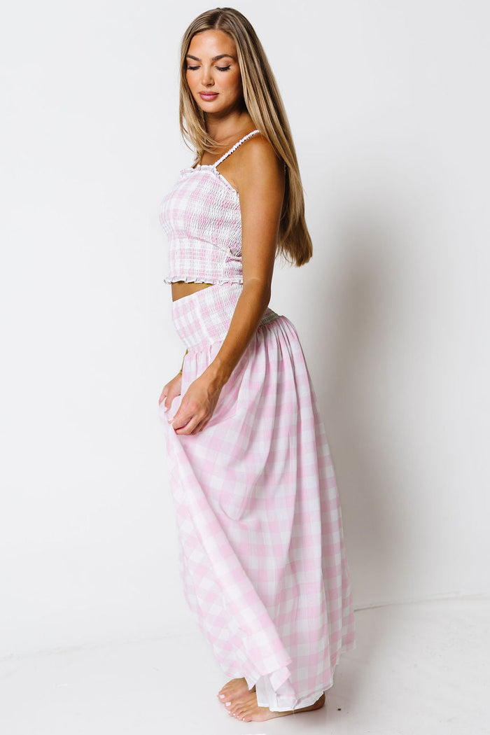 Missy Gingham Smocked Top and Maxi Skirt Set in Baby Pink/White