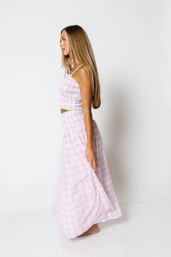 Missy Gingham Smocked Top and Maxi Skirt Set in Baby Pink/White