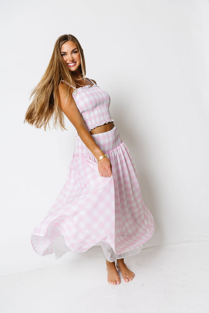 Missy Gingham Smocked Top and Maxi Skirt Set in Baby Pink/White