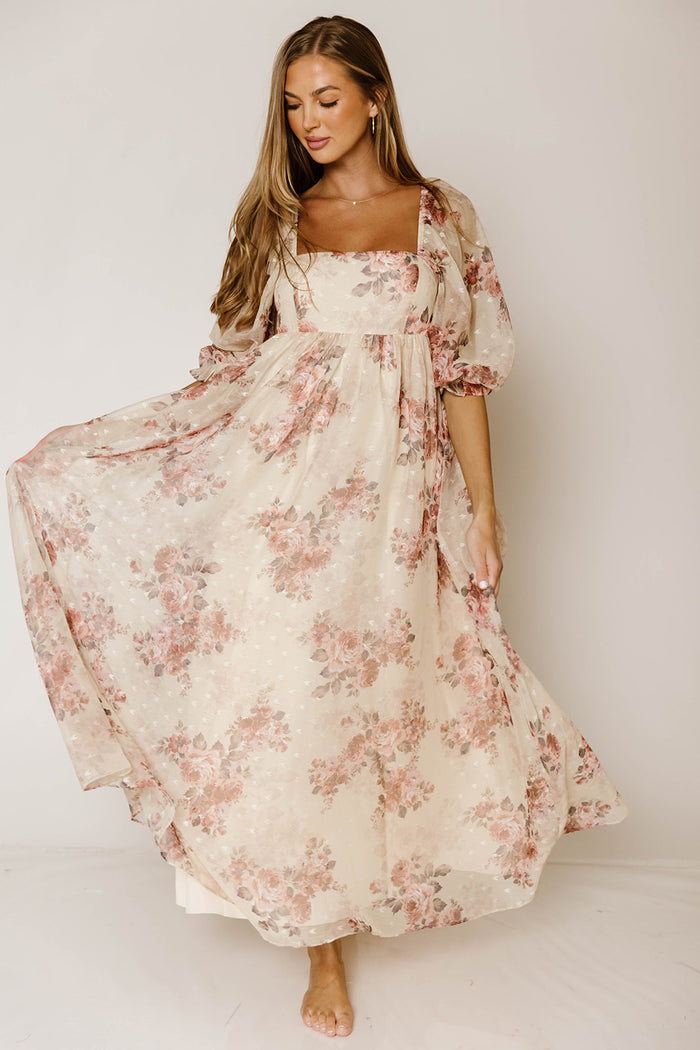 Mona Floral Maxi Dress in Beige Rose - Bump Friendly & Inclusive Sizing *9/22 PRE-ORDER*