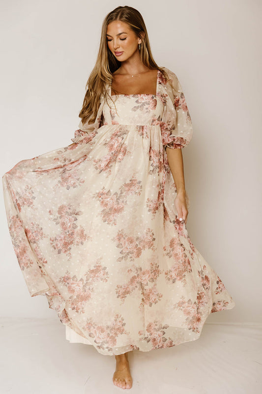Mona Floral Maxi Dress in Beige Rose - Bump Friendly & Inclusive Sizing *9/22 PRE-ORDER*