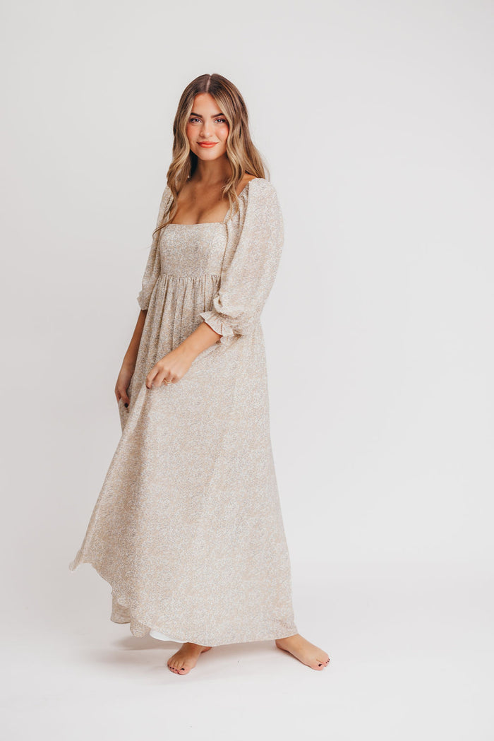Mona 'Love Story' Maxi Dress in Beige - Bump Friendly and Inclusive Sizing