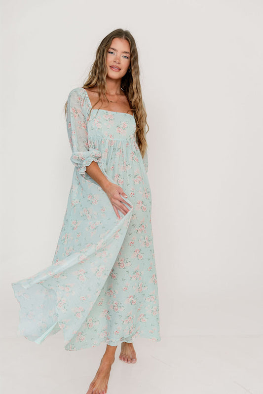 Mona Maxi Dress in Mint/Pink Floral - Bump Friendly