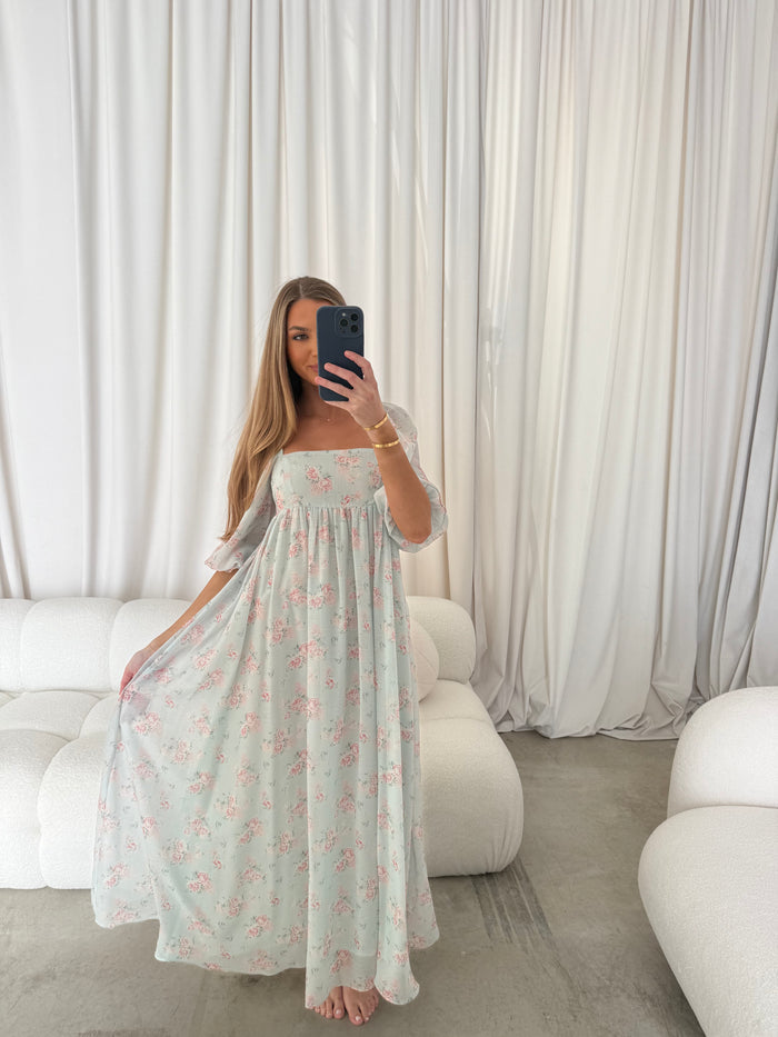 Mona Maxi Dress in Mint/Pink Floral - Bump Friendly