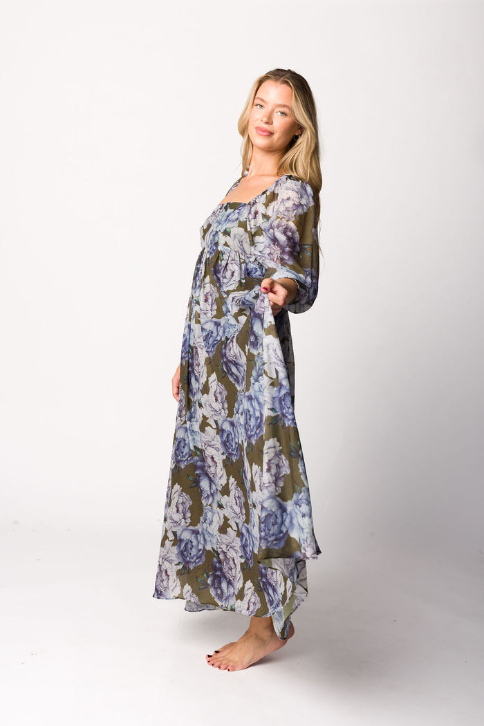 Mona Maxi Dress in Olive/Blue Floral - Bump Friendly